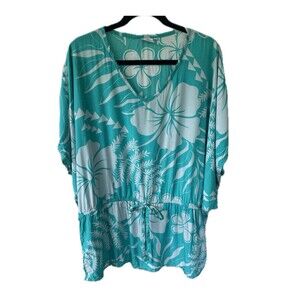 Makai Beach Hawaii Hawaiian Aloha Hibiscus Floral Batwing Drawstring Blouse S/M